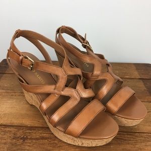 Franco Sarto Criss Cross Tan Leather Cork Heel Wedge Sandals Shoes 10
